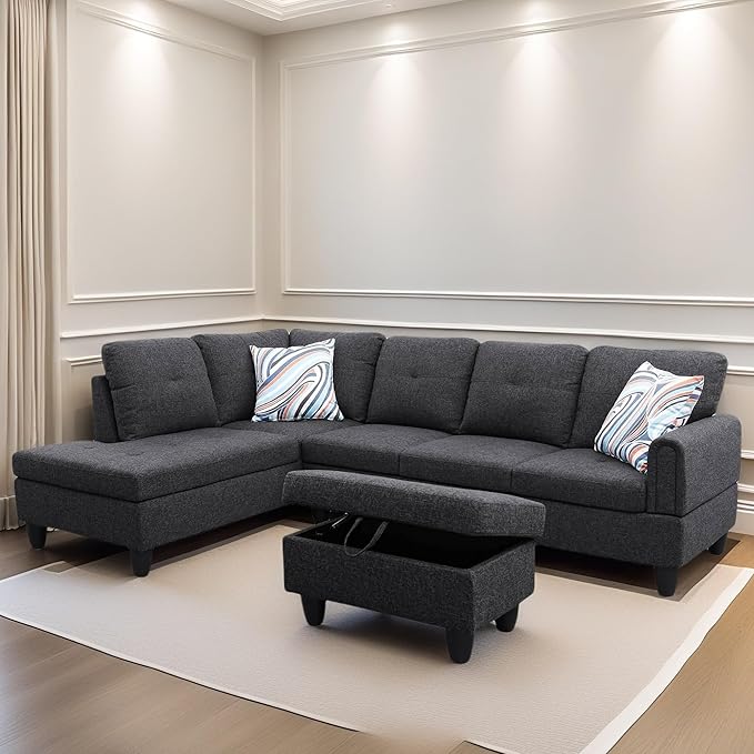 L Shaped Sectional Couches for Living Room, Modern Modular Sectional Sofa with Ottoman Storage, Comfy L Shaped Couch with Chaise for Bedroom Apartment Furniture, Gray