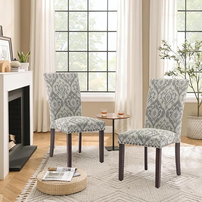 Parsons Dining Chairs Set of 6, Upholstered Nailhead Dining Room Kitchen Side Chair with Thick Cushions and Wood Legs, White/Grey