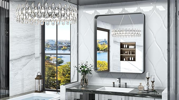 TokeShimi 32x36 Inch Black Bathroom Mirror for Wall Vanity Mirror with Non-Rusting Aluminum Alloy Metal Frame Rounded Corner for Modern Farmhouse Home Decor (Horizontal/Vertical)