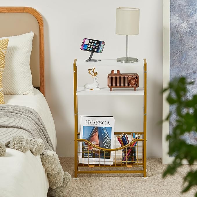 Narrow Side Table, Skinny Small End Tables with Magazine Holder, 3 Tier Small Sofa Side Table for Smalls Spaces, Sofa Couch Tables Bedside Table for Living Room Bedroom Office