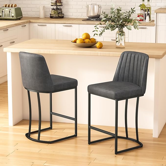 Bar Stools Set of 6, Faux Leather Counter Height Barstools, Upholstered Kitchen Counter Stools with Back and Stitching, 25.6" H Kitchen Island Stools Bar Chair, Metal Framed, Black Grey