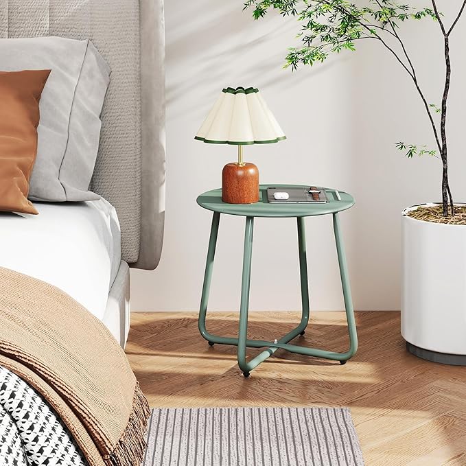 HollyHOME Round Metal Side Table, Rust-Resistant Patio Small Plant Stand, Outdoor 17.32'' Portable End Table for Balconies, Gardens, Living Rooms and Bedrooms, Atrovirens