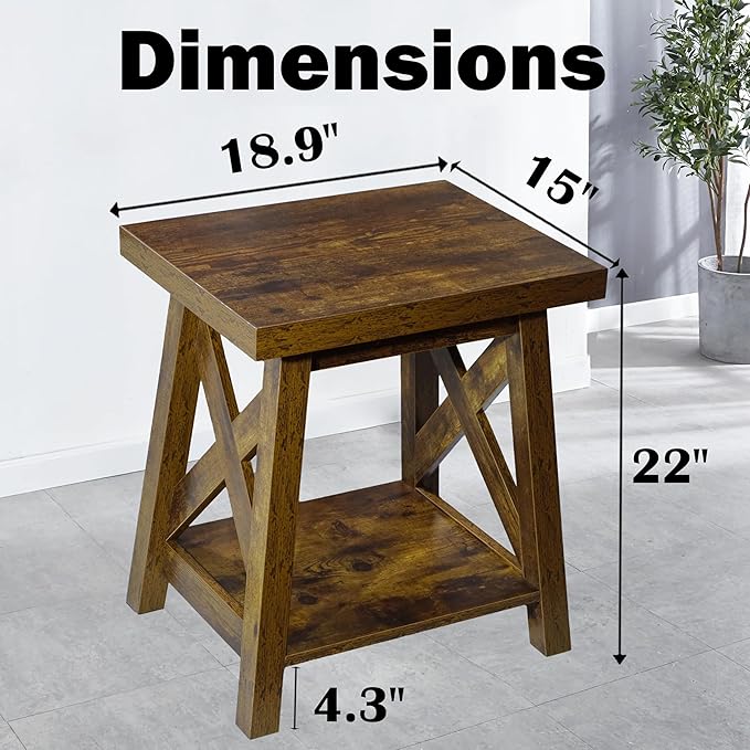 Rustic End Table, Farmhouse Side Table with Storage Shelf, Wood Side Table for Living Room, Accent Table for Small Spaces, Brown