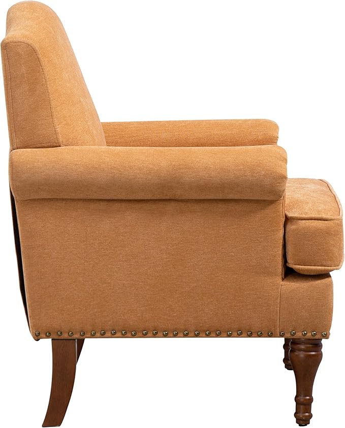 Ball & Cast Accent Chair with Nailhead Trim Armchair,Comfy Chenille Club Sofa Living Room Chairs w/Springs Cushions & Wood Legs,Traditional Single Couch for Bedroom,Farmhouse,Orange