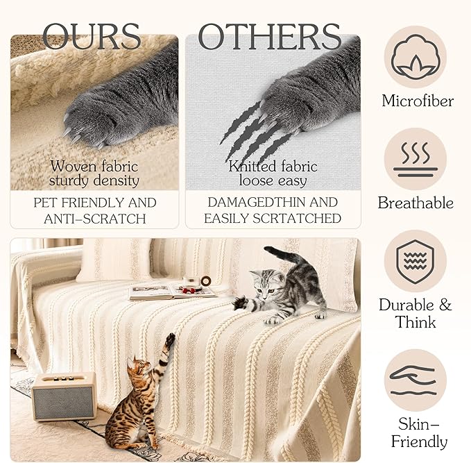 Couch Cover for Dogs Washable Sofa Cover, Sectional Couch Covers, Sofa Covers for 2 Cushion Couch, Non Slip Stripe Sofa Slipcovers Furniture Protector, Couch Protector from Cat Claws, Beige,71''x150''