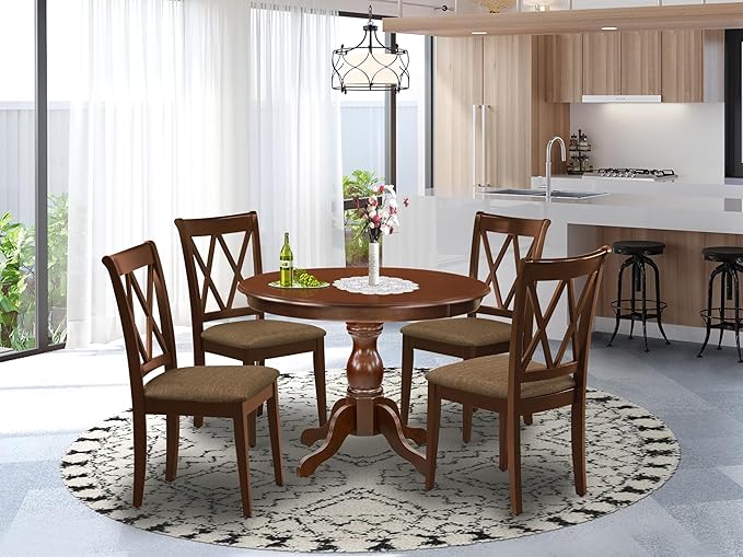 East West Furniture HBCL5-MAH-C 5 Piece Dining Room Table Set Includes a Round Kitchen Table with Pedestal and 4 Linen Fabric Upholstered Dining Chairs, 42x42 Inch, Mahogany