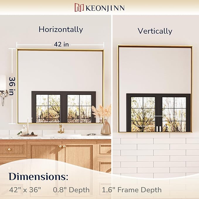 Keonjinn Brushed Gold Bathroom Mirror 42 x 36 Inch Metal Frame Rectangular Large Wall Mirror for Bathroom Sink Gold Vanity Mirror for Over Sink Aluminum Alloy Rectangle Mirror(Horizontal/Vertical)