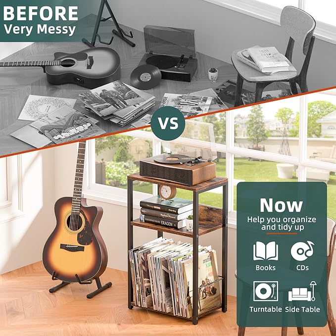 LELELINKY Record Player Stand Set of 2, 3-Tier End Side Table with Vinyl Record Storage, Vinyl Record Holder Up to 120 Albums, Turntable Stand with Vinyls Storage for Music Living Room