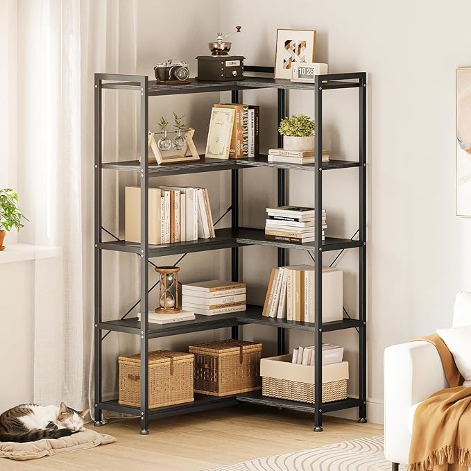 Casaottima Corner Bookshelf 5 Tier, 57 Inches Reversible Book Shelf for Living Room, Industrial Wooden Bookcase with Open Shelves and Metal Frame for Bedroom, Home Office, Kitchen, Black