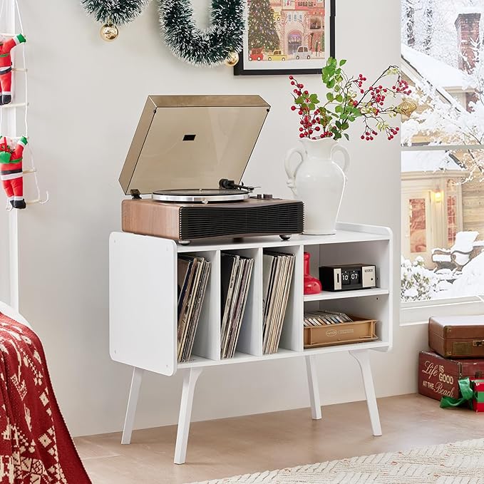 Lerliuo Record Player Stand with 4 Cabinet Holds Up to 220 Albums, Large Turntable Stand with Beech Wood Legs, Mid-Century Record Player Table,White Vinyl Holder Storage Shelf for Bedroom Living Room