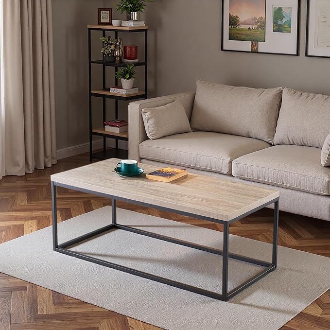 CENSI 40-in Grey Wash Accent Coffee Table Ottoman for Living Room, Rectangle, Mid-Century Modern Industrial Style, Extra Thick Top, Wood and Metal (French Oak)