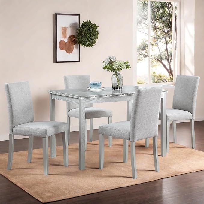 Dining Table Set for 4, 5-Piece Dining Room Table Set with Rectangular Crystal Decoration Table & 4 Upholstered Backrest Chairs, Counter Height Kitchen Sets with MDF Tabletop, Silver Gray