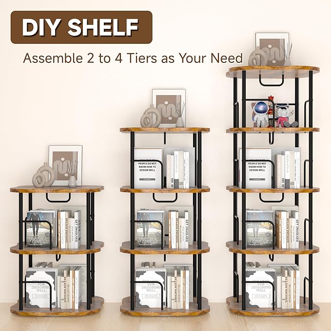 4-Tier Rotating Book Shelf, 360° Display Spinning Bookshelf Tower, Book Organizer, Floor Standing Bookcases for Small Space, Corner Book Shelf for Bedroom, Living Room, Study Room (RUSTIC BROWN)