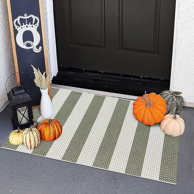 OJIA Fall Front Door Mat 24"x36" Halloween Doormat Striped Porch Rugs Checkered Rug Washable Entry Rug Woven Cotton Indoor Outdoor Rug Small Area Rug for Kitchen Entryway Patio (Green/White/Tan)