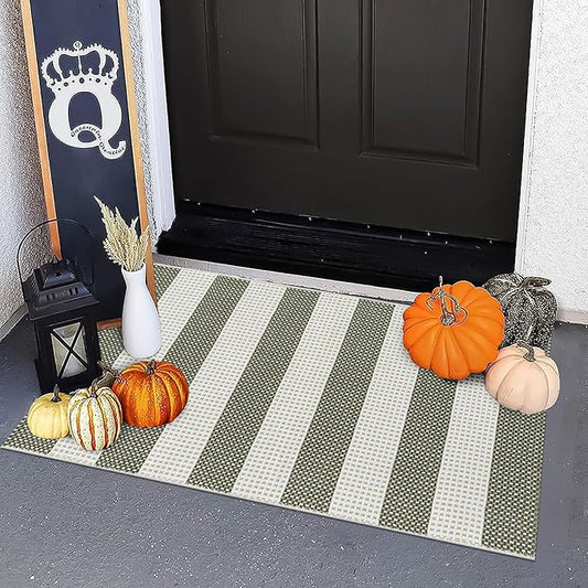 OJIA Fall Front Door Mat 24"x36" Halloween Doormat Striped Porch Rugs Checkered Rug Washable Entry Rug Woven Cotton Indoor Outdoor Rug Small Area Rug for Kitchen Entryway Patio (Green/White/Tan)