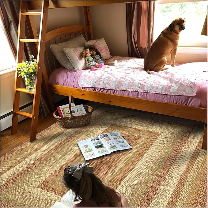 Homespice Harvest Premium Jute Braided Area Rug, 5' x 8' Rectangular Beige - Tan - Red, Reversible, Natural Jute Yarn Rustic, Country, Primitive, Farmhouse Style - 30 Day Risk Free Purchase