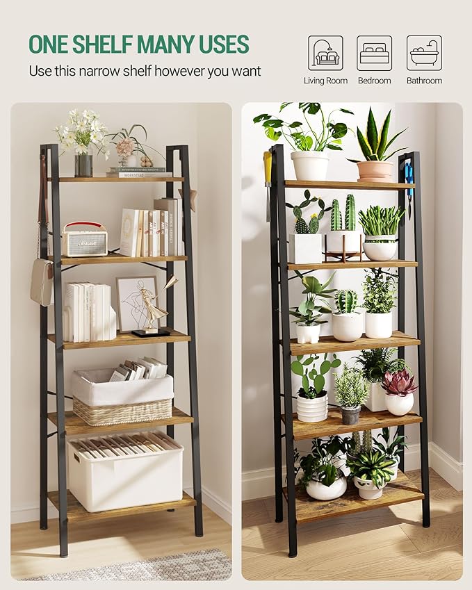 Ladder Shelf, Bookshelf Bookcase, Freestanding Corner Storage Shelve with 2 Hooks for Home Office, Living Room, Kitchen, Bedroom, Industrial, 5-Tier Rustic Brown BC19301B