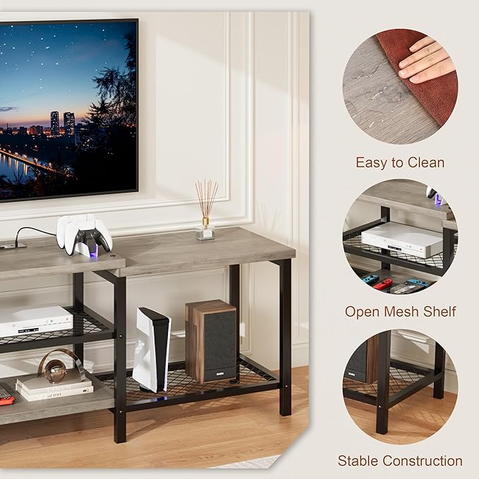 GarveeHome TV Stand with LED Lights for 55/65/75 Inch TV, 67 Inch Large Entertainment Center with Power Outlets, Media Console for Living Room, Bedroom, Grey