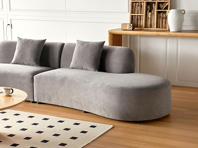 Container Furniture Direct 132" Curved Sofa with Throw Pillows, 6 Seater Luxury Velvet Couch with Half Moon Design and High-Density Foam, Ideal for Modern Living Room, Office & Apartment, Grey