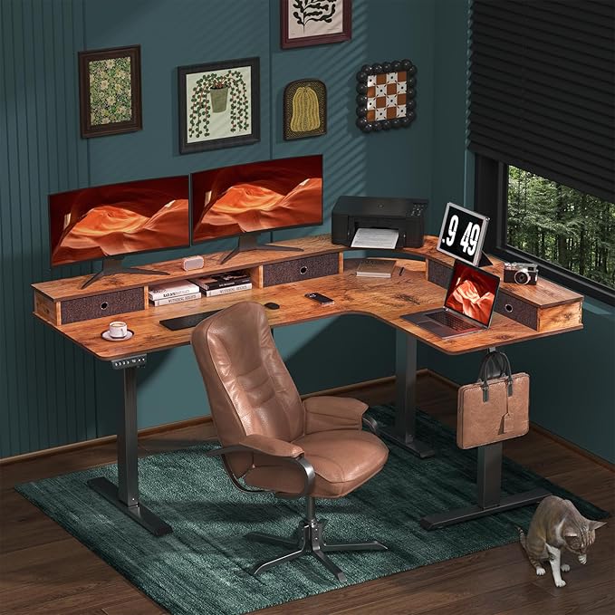 L-Shaped Electric Height Adjustable Desk, 67-inch Reinforced Motor Office Desk with Drawers & Monitor Stand, Ergonomic Design for Healthy Posture, Home Study Gaming, Max load 330 lbs, Retro Brown