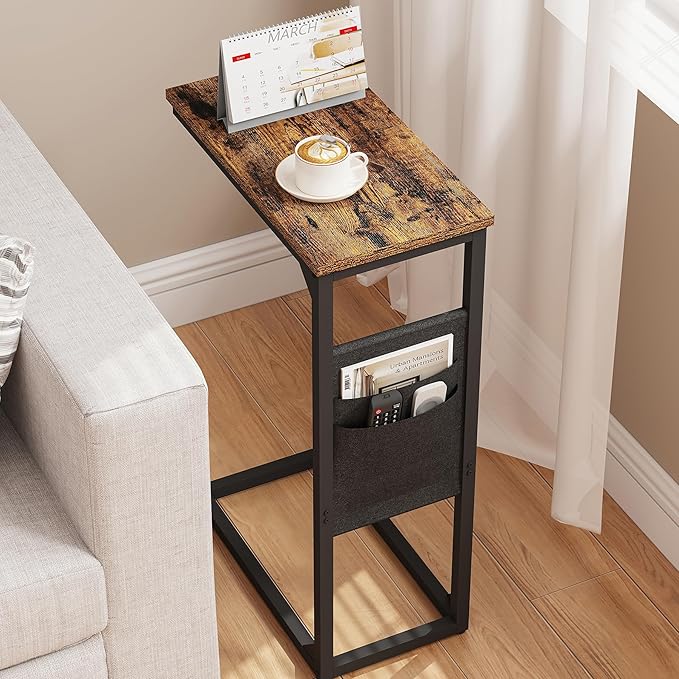 TUTOTAK C Shaped End Table, Side Table for Couch, Sofa Table with Storage Bag, TV Tray for Living Room, Bedroom, Brown TB01BB082