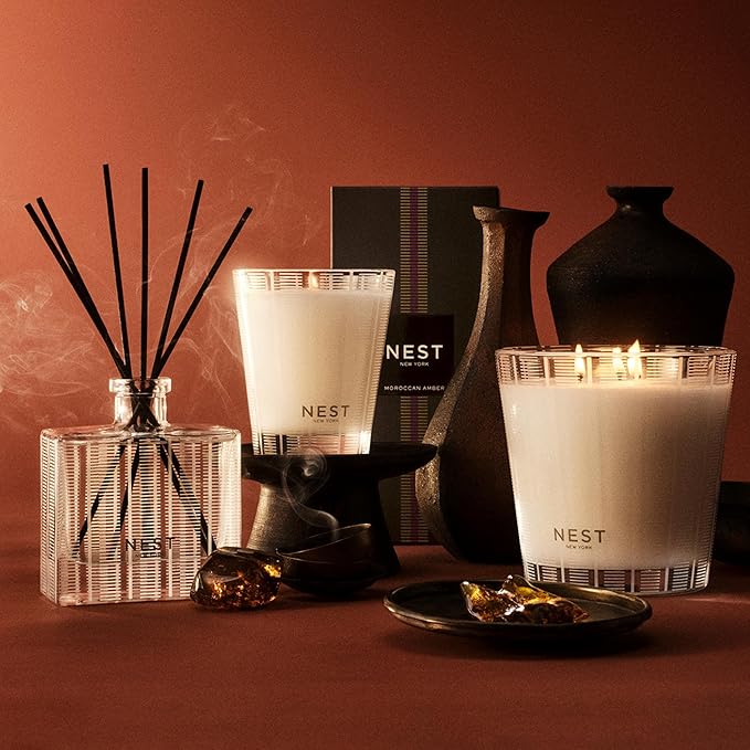 NEST New York Reed Diffuser, Moroccan Amber - 5.9 fl oz - Fragrance for Up to 90 Days - Reusable, Refillable Glass Holder - Includes 8 All-Natural Reed Sticks - Flame Free
