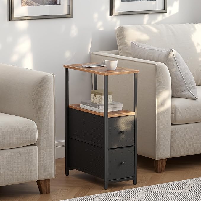 TUTOTAK Small Narrow End Table, Set of 2, Side Table, Nightstand with 2 Cloth Drawers, Couch Table, for Living Room, Bedroom, Bedside, Brown and Black TB01BB054K