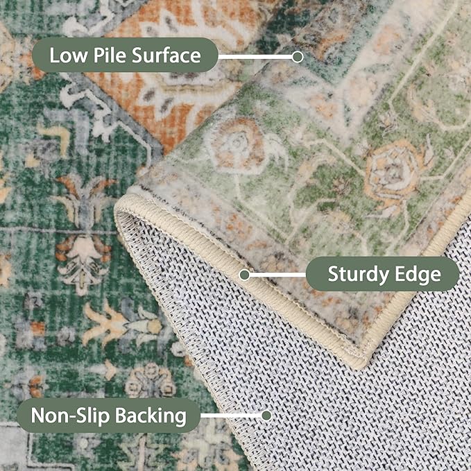 GENIMO 7x10 Area Rugs for Living Room, Machine Washable Non Slip Vintage Rugs, Low Pile Lightweight Chenille Print Rug for Bedroom, Dining Room, Home Office,Sage Green