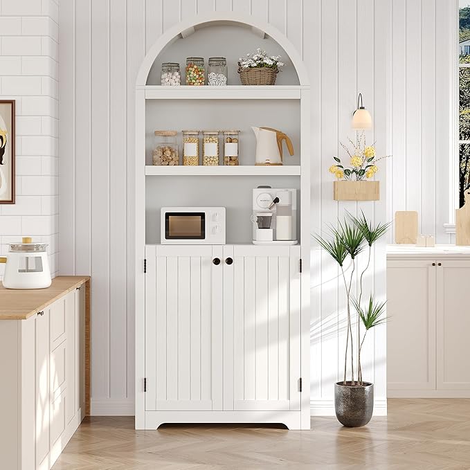 GAOMON 72'' Tall Arched Cabinet, 5 Tier Arched Bookshelf with Double Doors & Adjustable Shelf, Wooden Bookcase with Storage for Living Room, Bedroom, Study, Kitchen, Home Office, White