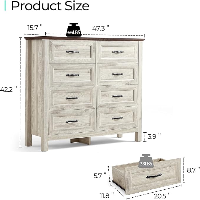 LINSY HOME 8 Drawers Dresser for Bedroom, 47" Wide Wooden Storage Chest with Antique Handles, Modern Farmhouse Dresser TV Stand with Wood Legs for Closet, Living Room, Hallway, Beige
