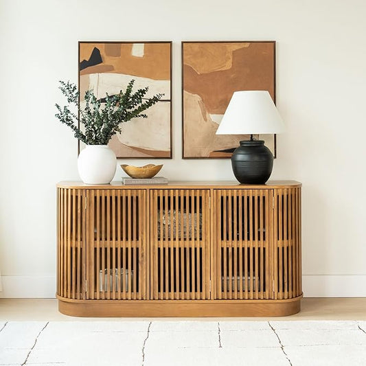 Plank+Beam Contour Wood TV Stand, Three Door Solid Wood Entertainment Console with Storage, 59" L x 16" W x 30" H, Pecan