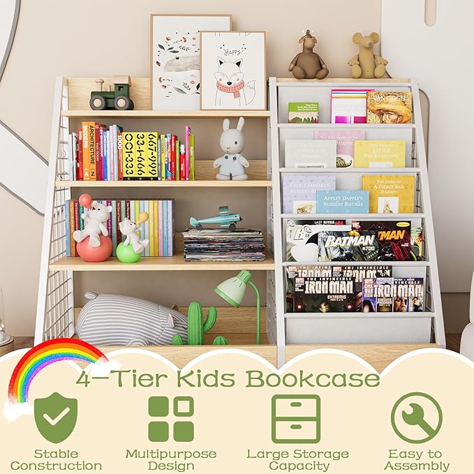 Kids Book Shelf,4 Tier Wooden Bookshelf,5 Layer Sling Children Bookcase,Toy Organizer Cabinet Chest,Book Display Shelf with Metal Frame, Nursery Playroom Classroom Library (Natural)