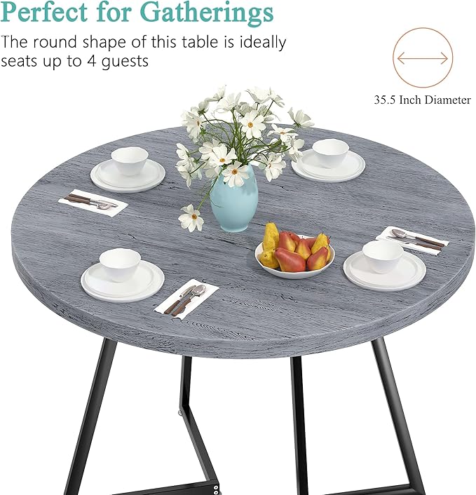 VECELO 35" Round Dining Table for 4, Wood-Grain Tabletop & Heavy-Duty Steel Frame, for Kitchen, Living Room, Easy Assembly, Light Grey