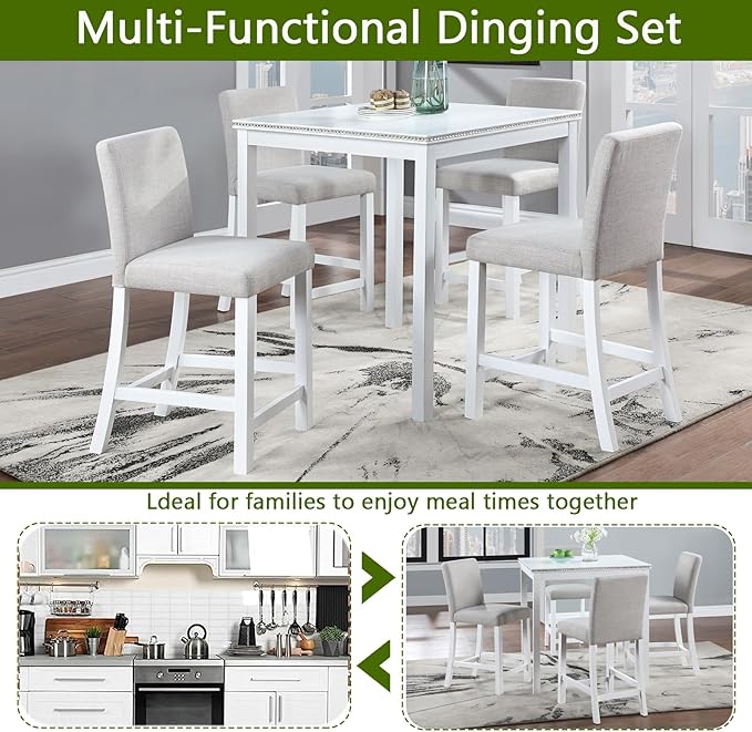 KEIKI 5-Piece Counter Height Dining Table Set with Square Table and 4 Upholstered Chair, for 4 Person, Modern Style Crystal Decoration Wooden Table Set, Easy Assembly, for Kitchen, Dining Room,White