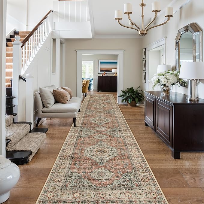 Lahome Oriental Kitchen Runners for Hallways, 2.5x12 Washable Runner Rug Non Slip, Soft Hallway Rug Distressed Ultra-Thin Long Carpet for Bathroom Entryway ‎Bedroom, Peach/Orange