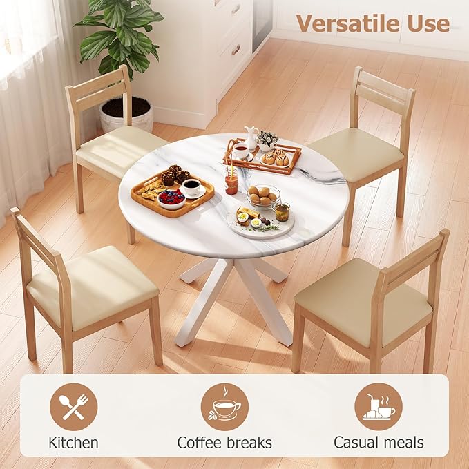 Round Dining Table, 42" Kitchen Dining Table for 4-6, Small Round Table with Metal Cross Legs, Modern Round Dining Room Table for Kitchen, Apartment, Living Room, White Marble