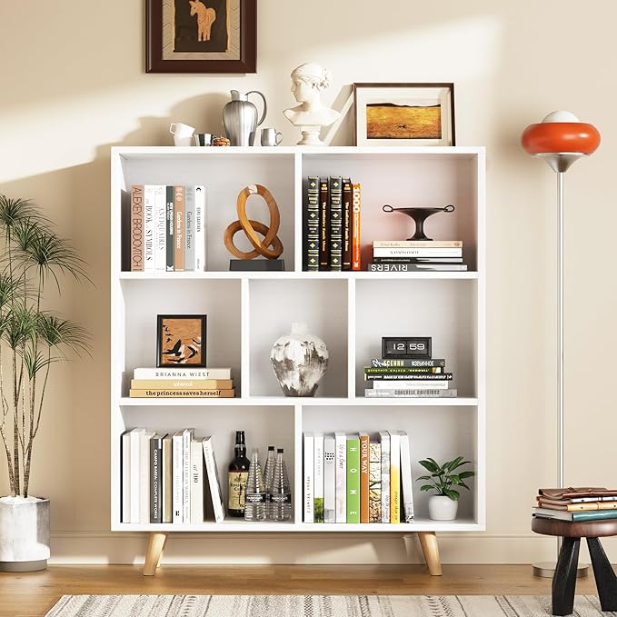Shintenchi Cube Storage Organizer, 3 Tier Mid-Century Bookcase with Legs Cubeicals Retro Wood Organizer Storage Bookcase, Freestanding Open Book Shelves for Bedroom,Living Room,Office(White)