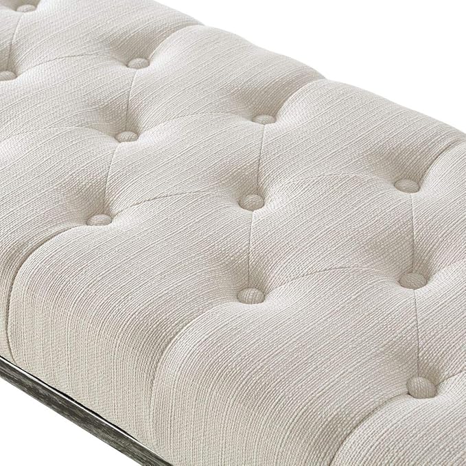24KF Upholstered Tufted Long Bench Seats with Metal Frame Leg, Linen Bench Ottoman with Padded Seat-Ivory