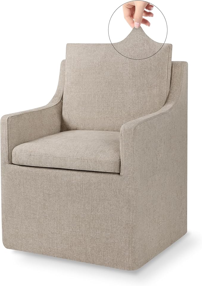 Upholstered Dining Chairs with Casters Easy Assembly Side Deskchair with Rollers for Diningroom, Living Room, Khaki, 1 Box