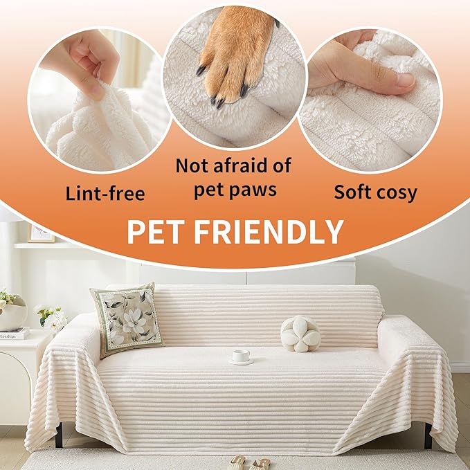 HAOMAIJIA Faux Fur Sofa Covers Couch Covers for 2 Cushion Couch Sofa Pet Friendly Soft Non Slip Couch Cover for Dogs Washable Sectional Couch Covers L Shape Furniture Protector (Off White, 71"x102")
