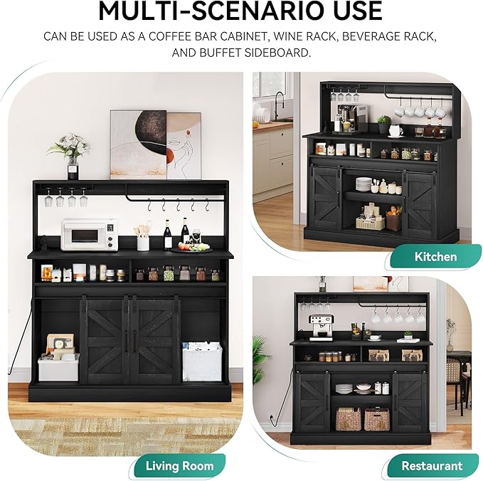 YITAHOME Buffet Cabinets with Upper Rack, Farmhouse Coffee Bar Cabinet with Power Outlet & Goblet Holder, 47 Inch Sideboard Cabinets with Sliding Barn Door for Kitchen, Living Room (Black Oak)