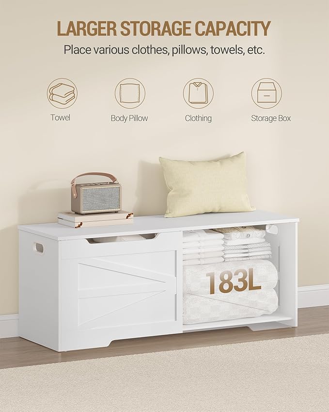 47.2" Storage Chest, Extra Large Storage Trunk with 2 Safety Hinges, Wooden Box Bench, Lift-Top Organizer Chest, Shoe Bench for Entryway, Bedroom, Living Room, White SB13403X
