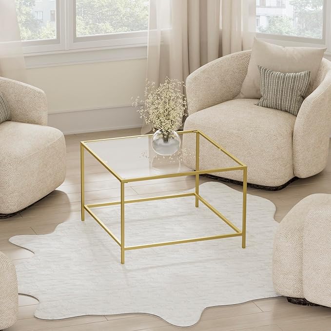 Glass Coffee Table, Modern Square Coffee Table for Living Room, Minimalist Center Tea Table with Sturdy Metal Frame for Apartment, Office, Easy Assembly, 27.6 x 27.6 x 17.7 Inches, Golden