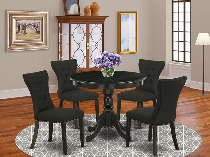 East West Furniture ANGA5-ABK-24 5 Piece Dining Table Set for 4 Includes a Round Kitchen Table with Pedestal and 4 Black Linen Fabric Parsons Dining Chairs, 36x36 Inch, Wirebrushed Black