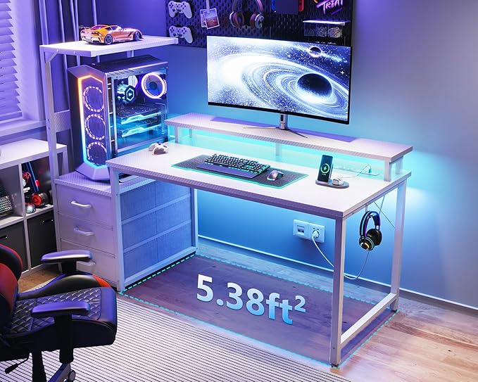 AODK 52 Inch Gaming Desk with USB Charging Ports & LED Light- Reversible Computer Desk with Storage Shelves & Monitor Stand, Modern Gamer Desk Table with Fabric Drawers & Side Hook, Carbon Fiber White