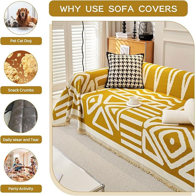 STACYPIK Boho Mustard Yellow Couch Cover Sofa Cover for Dogs Reversible Furniture Protector for 2 Cushion Couch Washable Sectional Sofa Covers Loveseat Cover Non Slip Pet Protector Cover-71X102IN