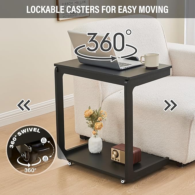 CozyDH Adjustable C Shaped End Table, Rolling Side Table Solid Wood TV Sofa Tray Table for Couch Arm Eating Multi-Purpose, Small Coffee Table with Wheels Living Room Bedroom, Black