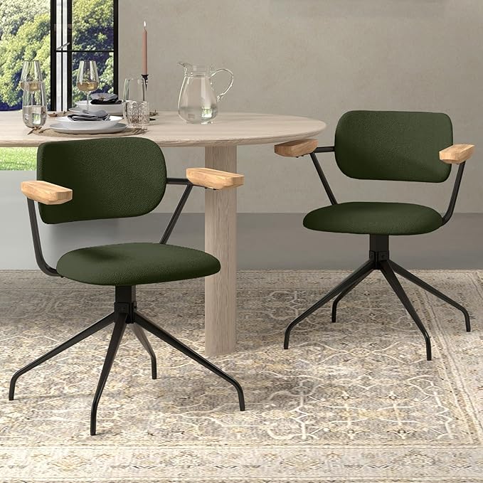 Modern Swivel Dining Chairs Set of 2 with Arms,Upholstered Comfortable Dining Room Chairs, Wooden Armrests & Sturdy Metal Frame, Stylish Kitchen & Dining Table Chairs for Modern Décor