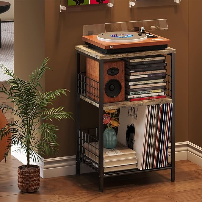 X-cosrack Side Table, Small End Table Record Player Stand with Storage, Vinyl Record Storage Night Stand for Living Room, Bedroom,Office(Patent Pending)(Brown&Black)