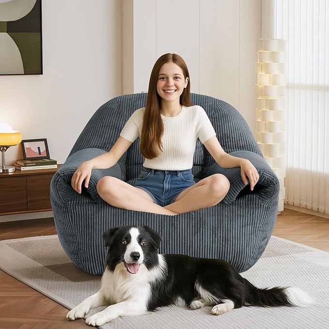 DAICO Bean Bag Chairs for Adults, Giant Bean Bag Chair Comfy Bean Bag Sofa with Handle Corduroy Single Lazy Floor Sofas Accent Chair with Foam for Bedroom Living Room Reading Gaming Grey